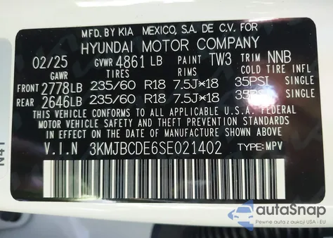 2025 Hyundai Tucson Sel z USA, uszkodzony, nr VIN 3KMJBCDE6SE021402